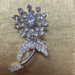 Karu  Silver Crystal and rhinestone Flower Brooch